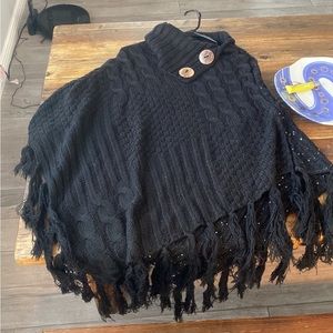 Black Poncho Shawl with Braided, Sparkle, Button Accents